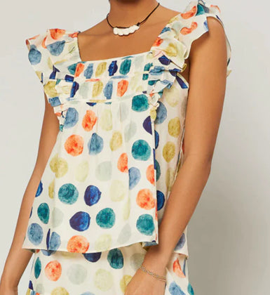 Rainbow Dot Watercolor Ruffle Top