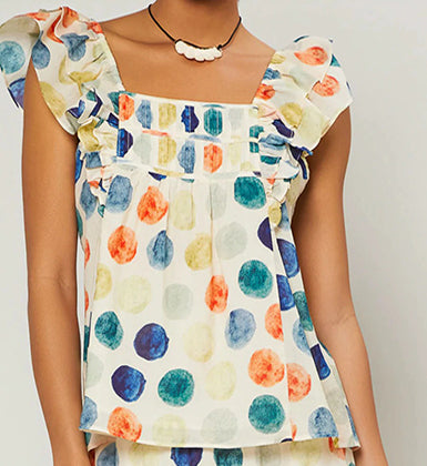 Rainbow Dot Watercolor Ruffle Top
